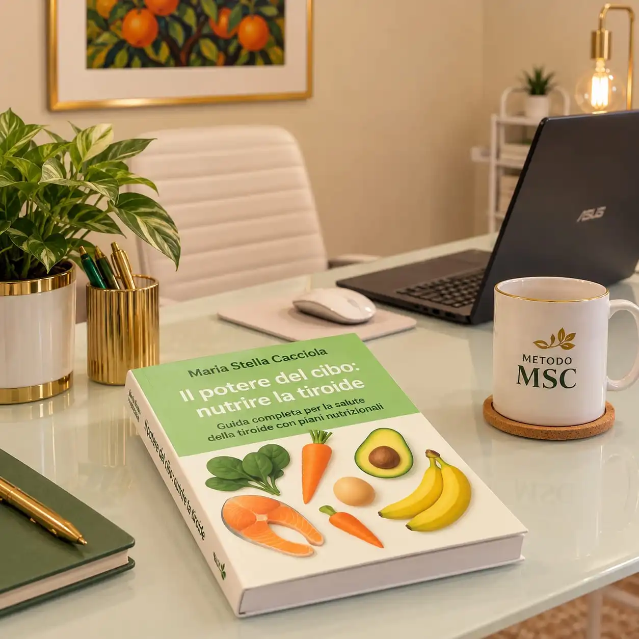 Copia del libro «Il potere del cibo: nutrire la tiroide» della Dott.ssa Maria Stella Cacciola su una scrivania